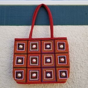 Aarong red beaded shell tote bag
